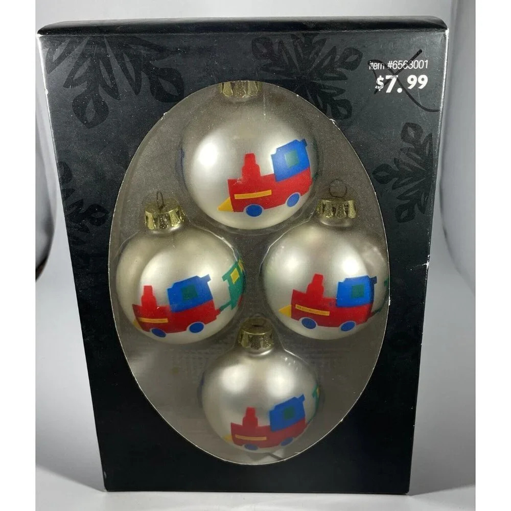 Hobby Lobby White Glass Trains Christmas Ornaments Round‎ Balls Set Of 4